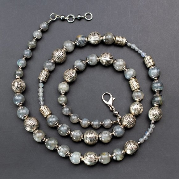 Chunky labradorite necklace bold gray gemstone bead necklace unisex